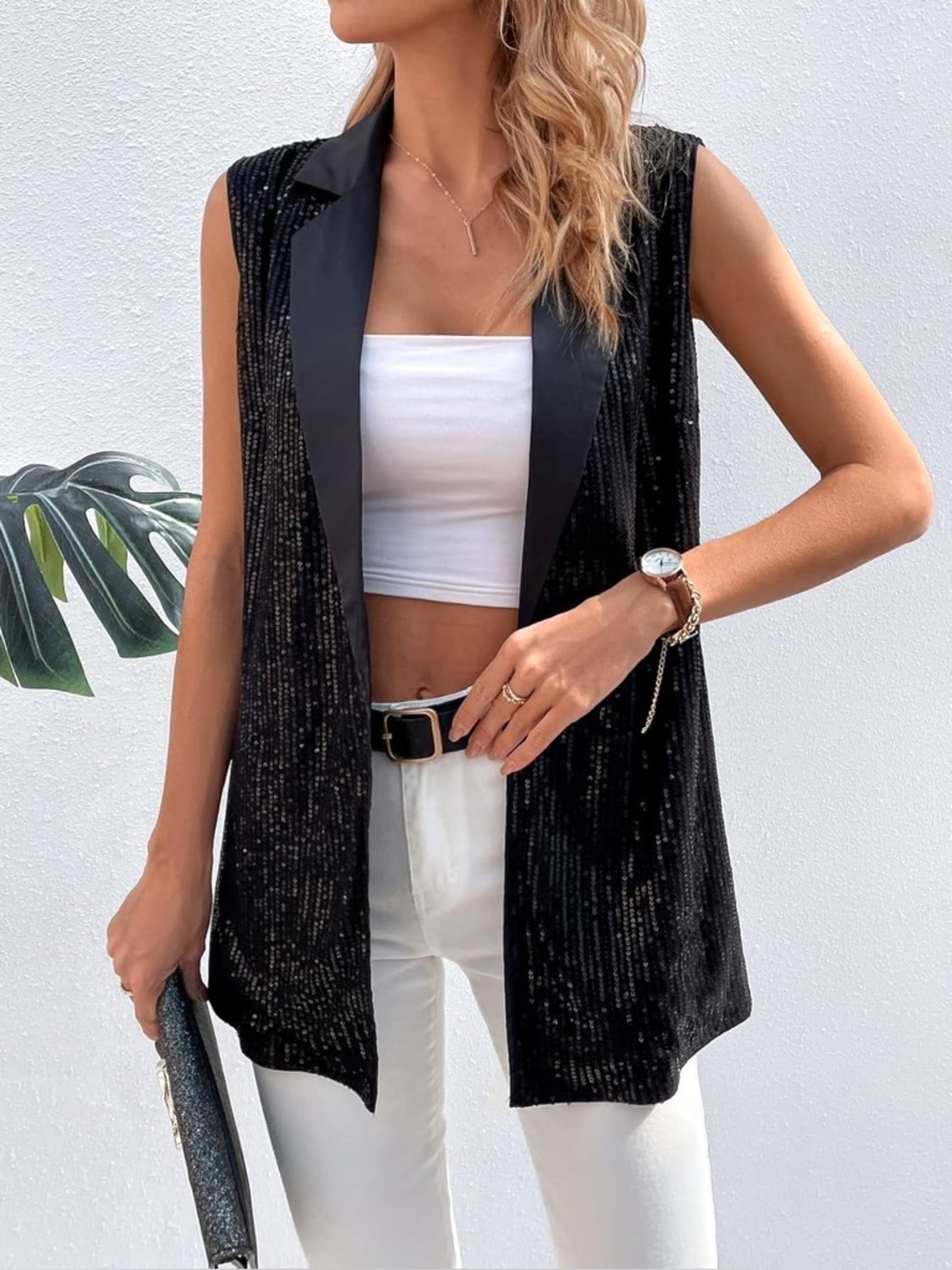 NEWWomen’s Houndstooth Sleeveless Long Vest Jacket Raw Trim Button Front Lapel M